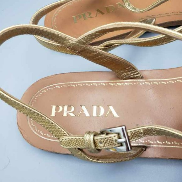 Prada Saffiano Bow Sandals White, Tan & Gold Size 39.5 - Picture 5 of 9